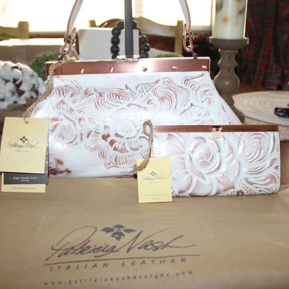 NWT Patricia Nash white copper handbag and matching wallet STUNNING SET!!! - Picture 1 of 14